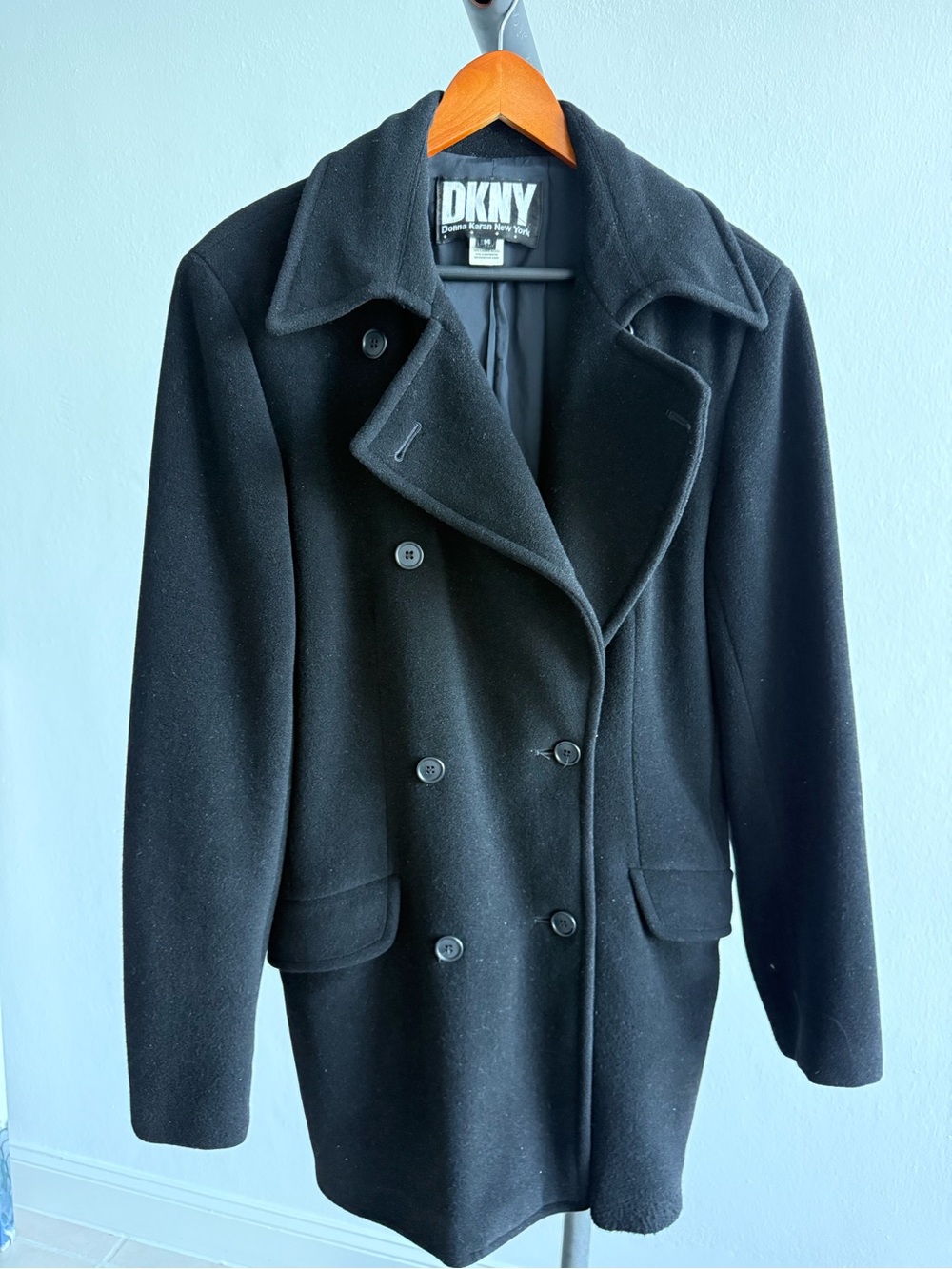 Vintage 90s DKNY Donna Karan Black Lambswool Cashmere Coat Women 14